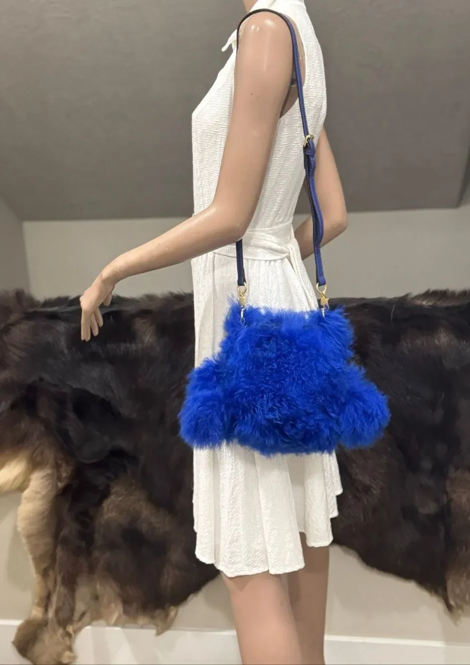 One of a kind! Unique Handmade Blue Real Curly Shearling Drawstring Bucket Bag
